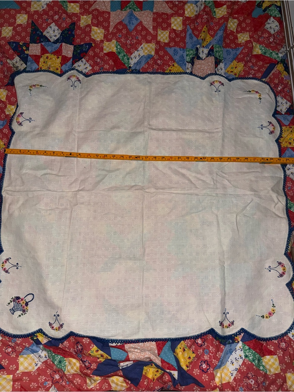 Embroidered White Cotton Tablecloth with Navy Scalloped Edge